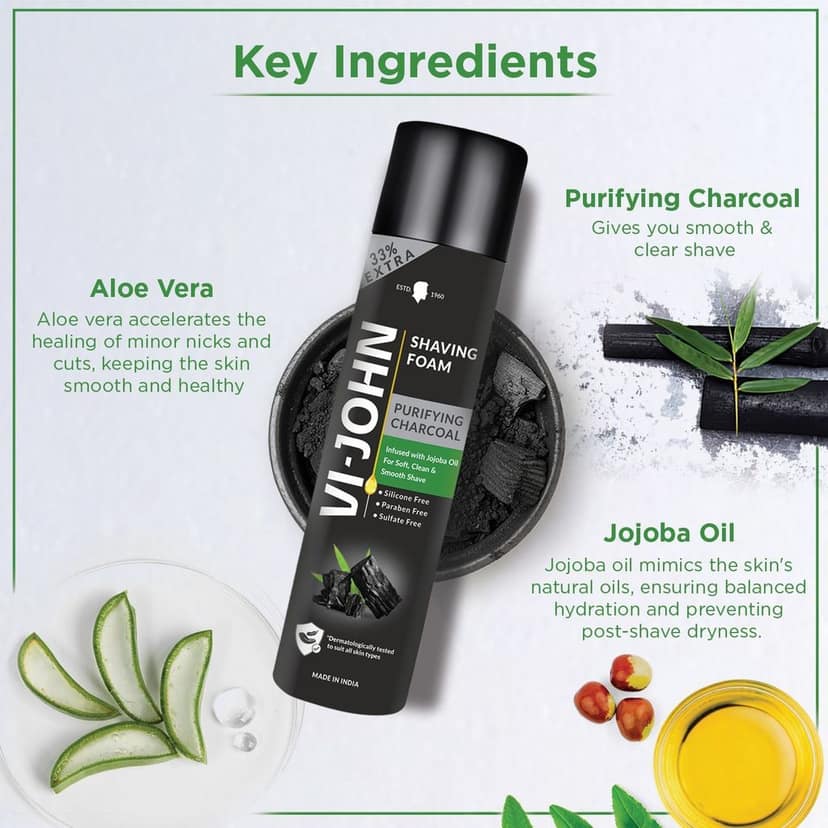 VI-JOHN Purifying Charcoal Shaving Foam 300gm and Shave Pro 2-Blade Razors Pack of 5 view 4