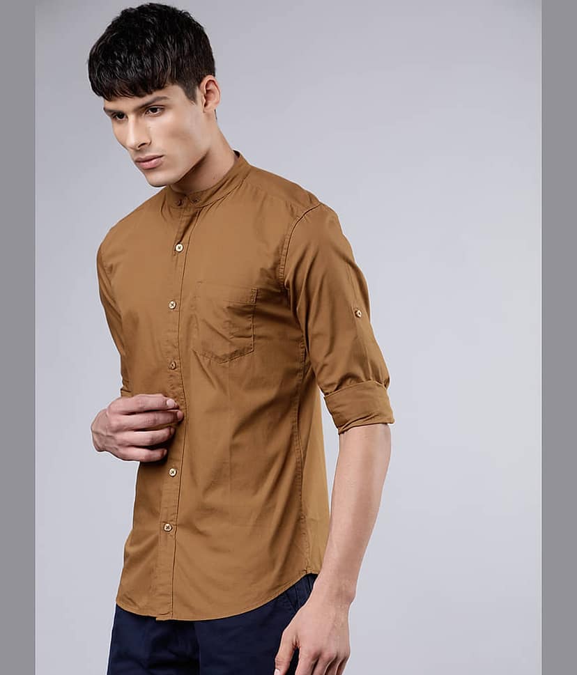 Highlander 100% Cotton Slim Fit Solids Full Sleeves Men's Casual Shirt - Khaki ( Pack of 1 ) view 4