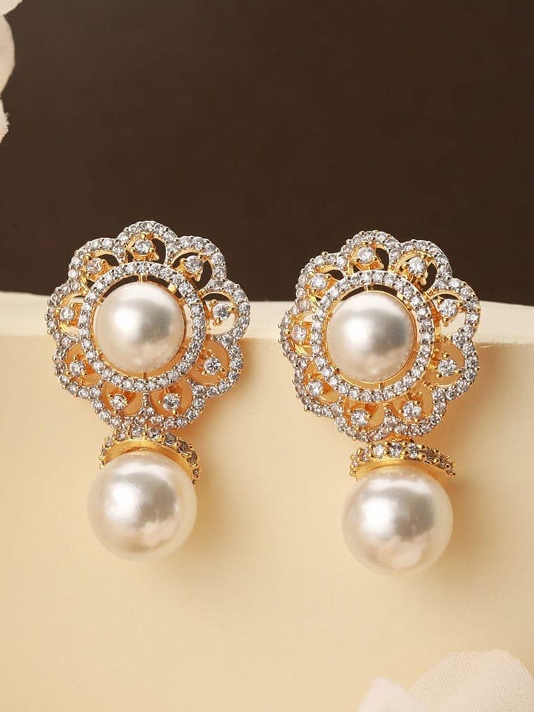 Gold Toned Ad & Pearl Beaded Floral Designer Studds Earrings view 4