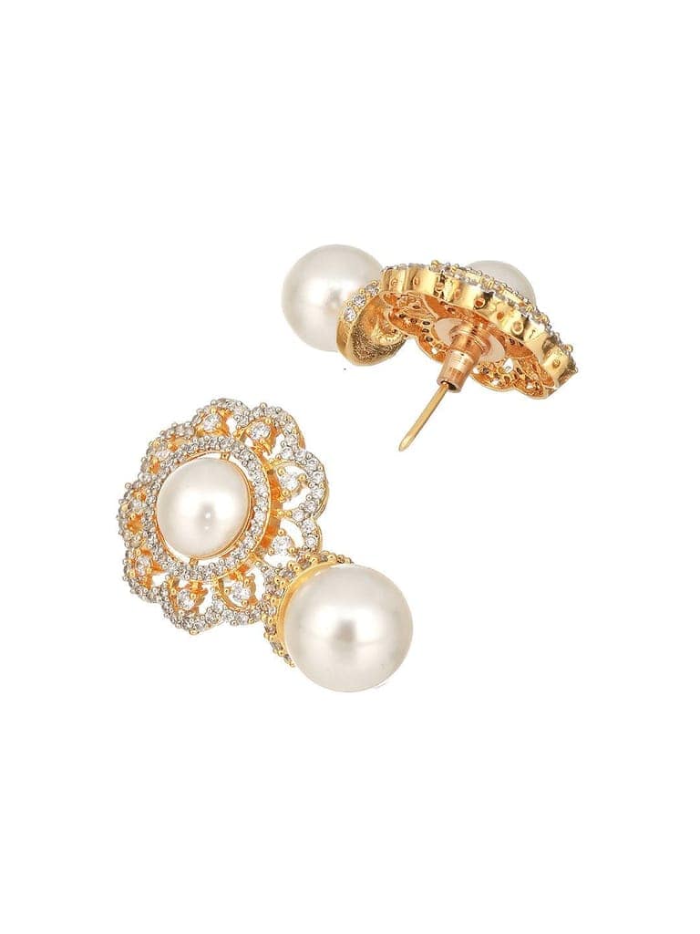 Gold Toned Ad & Pearl Beaded Floral Designer Studds Earrings view 6