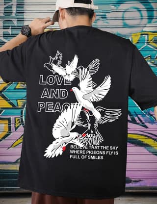 SCOTT FINCHER Men's Casual Short Sleeve T-Shirt with "Love and Peace" Pigeon Graphic : AA(ARN)BLACK_217