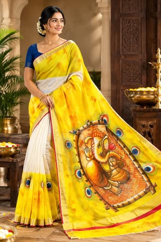DHRUVINSRI Luxury Kerala Kasavu Cotton Saree | Hand Painted Lord Ganesha & Floral Artwork | Multicolor Ethnic Saree with Golden Zari Border & Running Blouse