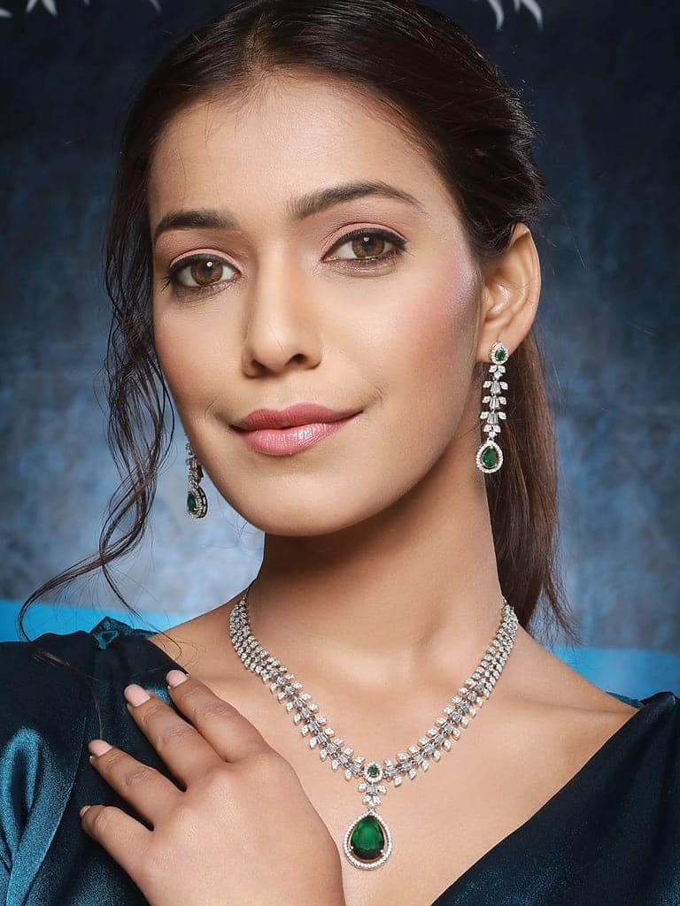 Rhodium Green Emerald Bagatte Zircon Studded Occasionwear Pendant Jewellery Set view 2