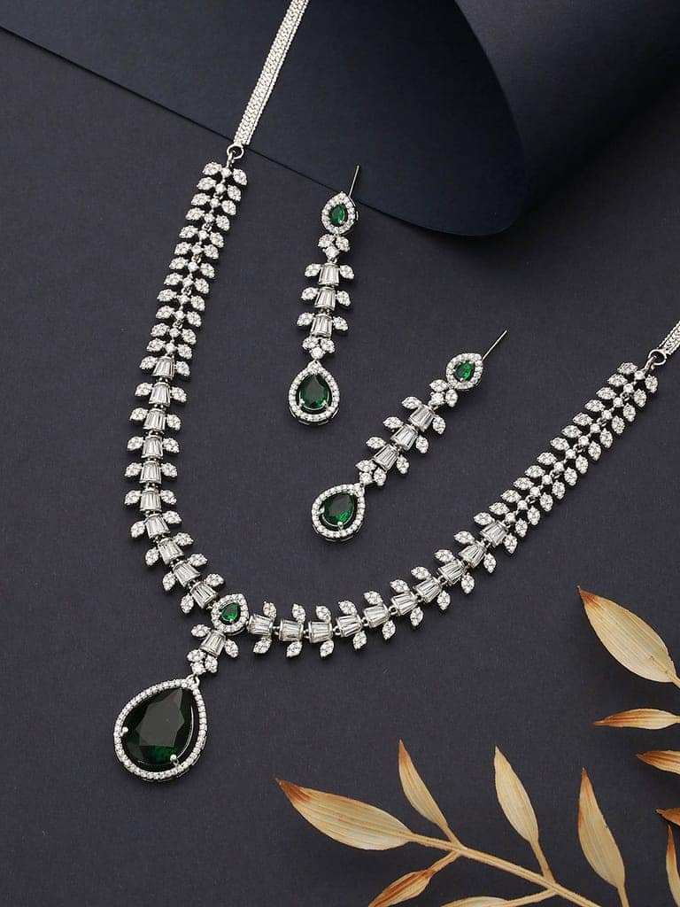 Rhodium Green Emerald Bagatte Zircon Studded Occasionwear Pendant Jewellery Set view 3