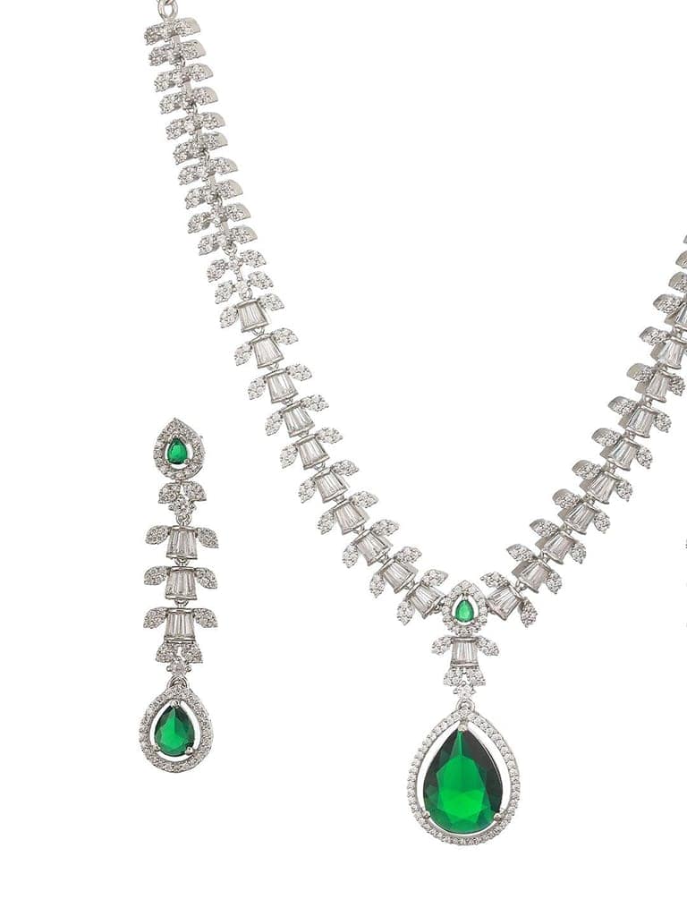 Rhodium Green Emerald Bagatte Zircon Studded Occasionwear Pendant Jewellery Set view 4