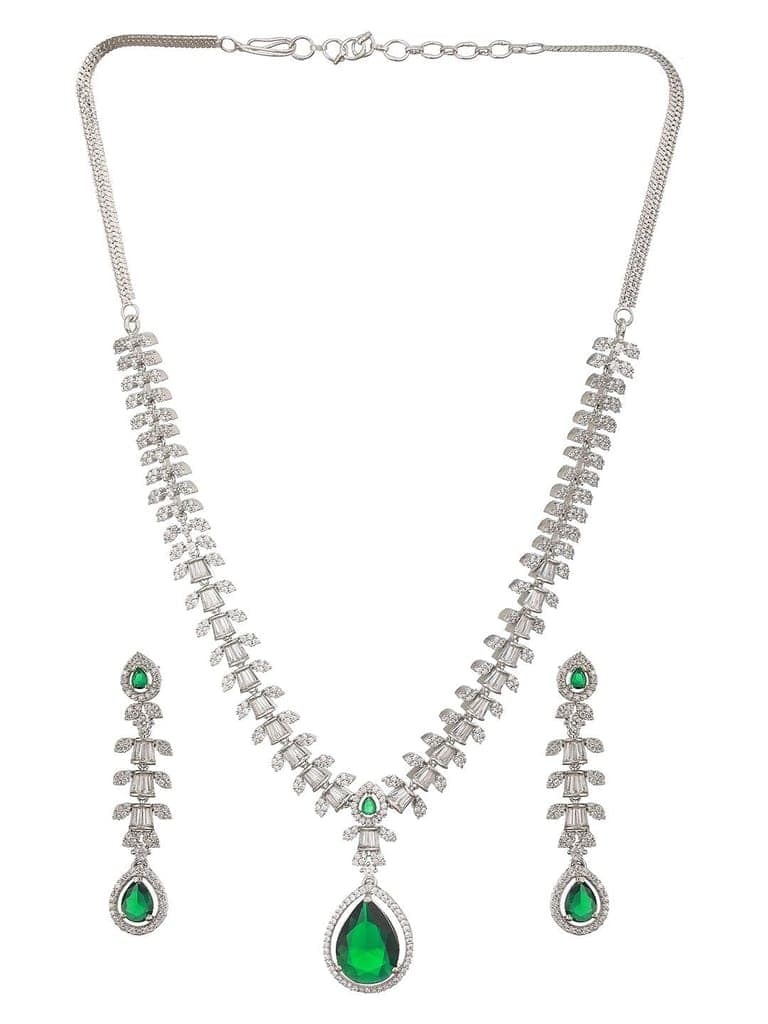 Rhodium Green Emerald Bagatte Zircon Studded Occasionwear Pendant Jewellery Set view 5