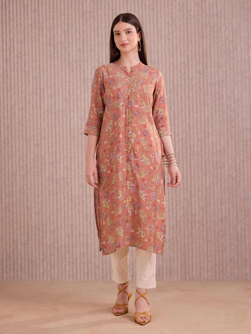Orange Modal Chanderi Foil Printed Kurti With Seqiuins Embroidery