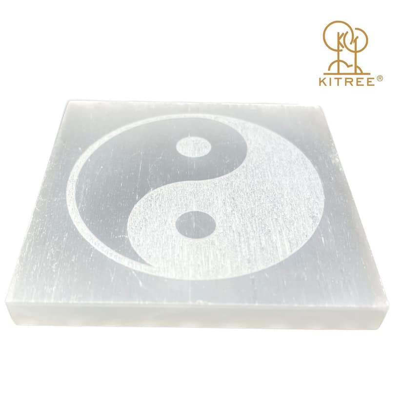 KITREE Natural Selenite Charging Engraved Ying Yang Symbol Squares Plate for Reiki Healing and Fengshui Crystal 7.5 x 7.5 Centimeters (Weight 95 GMS) (Shape Square) (Color White) view 2