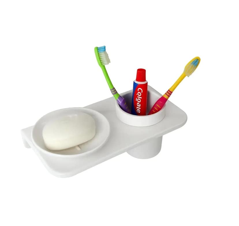 White Soap Dish with Toothbrush Holder Unbreakable Abs Round Ceramic Finish (RW-120)