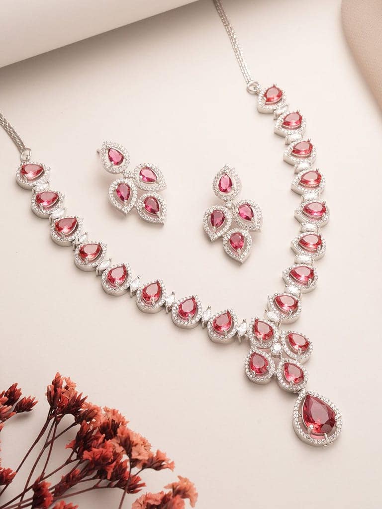Silver Toned Ruby Red AD Studded Statement Delicate Necklace Jewellery Set view 3