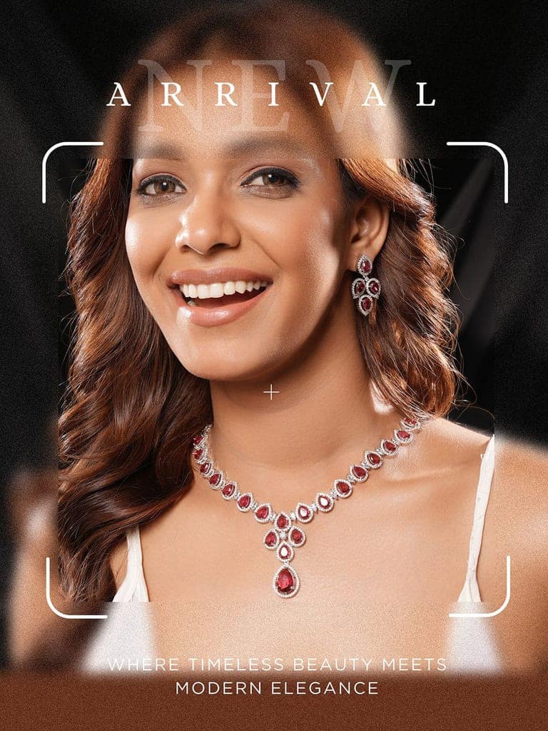 Silver Toned Ruby Red AD Studded Statement Delicate Necklace Jewellery Set view 5