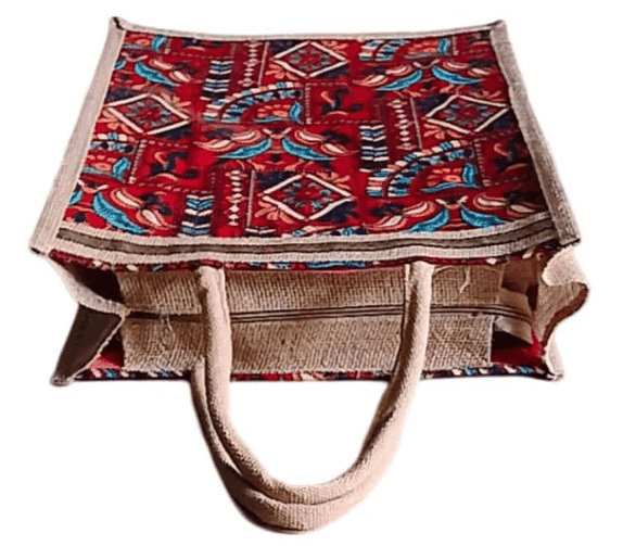 Vibrant Red Printed Cotton Blend Tote Bag with Zipper for Women view 3