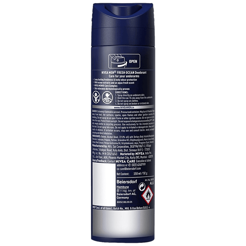 Nivea Men Fresh Ocean Deodorant - 48H Long Lasting Freshness With Fresh Aqua Scent, 150 Ml view 2