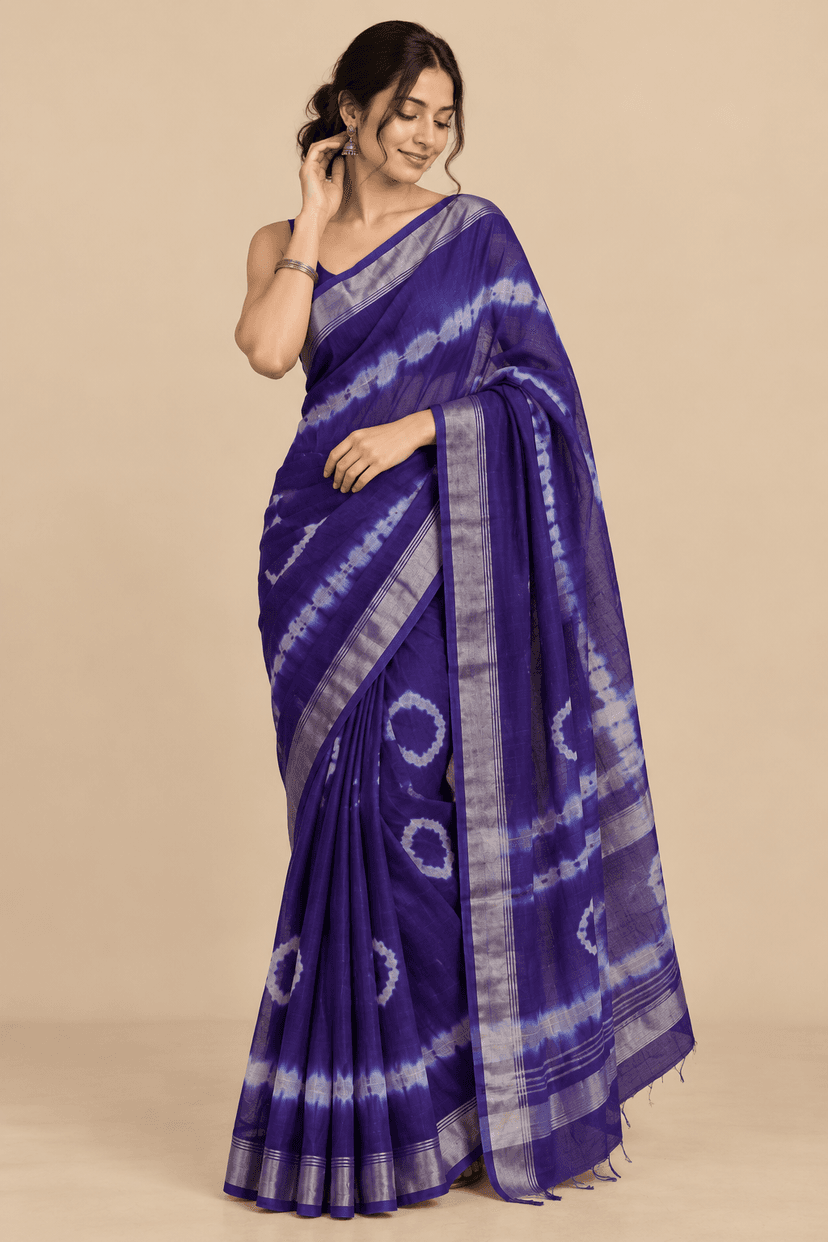 Women’s Royal Blue & Cream Handcrafted Tie-Dye Cotton Saree for Traditional Wear