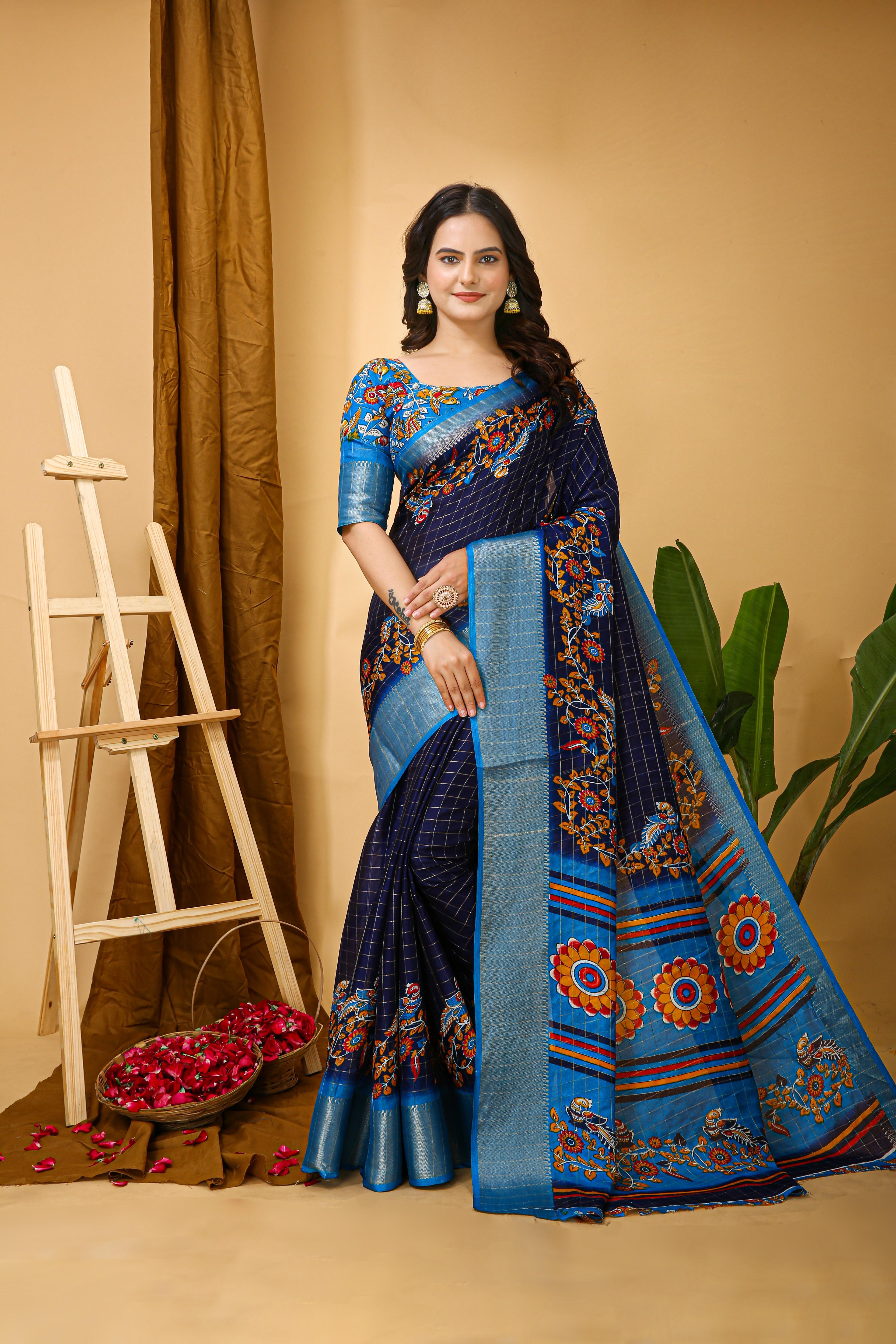 Kalamkari Print Dola Silk Saree
