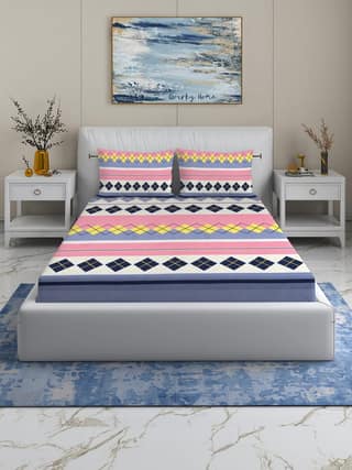 Quirky Home Rome Collection Premium Cotton Blend 180 TC Fitted Double Wrinklefree Bedsheet with 2 Pillow Covers, Pink Diamond