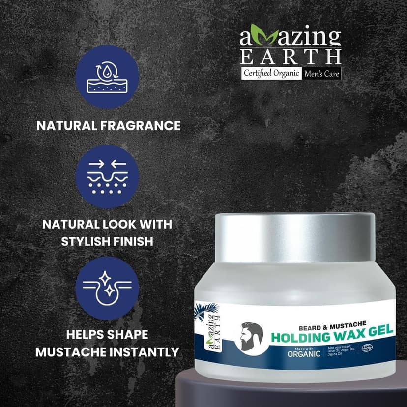 AMAzing EARTH Certified Organic Beard & Mustache Holding Wax Gel for Men - with Aloe Vera, Olive, Jojoba & Argan Oil, Strong Hold, Styling, Chemical Free, Sulphates & Parabens Free, 50gm view 2