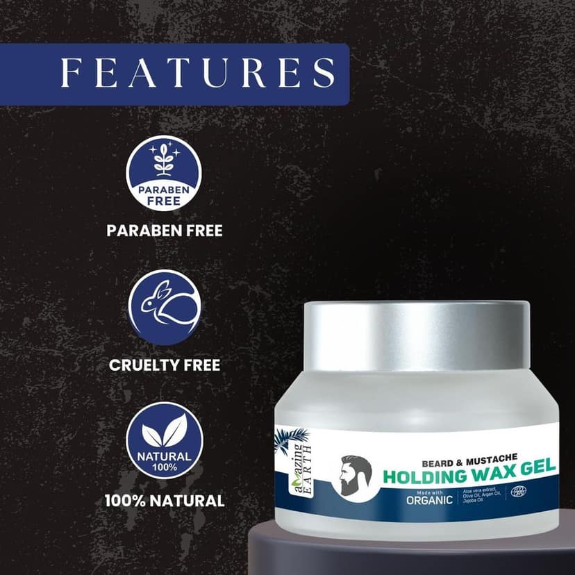 AMAzing EARTH Certified Organic Beard & Mustache Holding Wax Gel for Men - with Aloe Vera, Olive, Jojoba & Argan Oil, Strong Hold, Styling, Chemical Free, Sulphates & Parabens Free, 50gm view 6