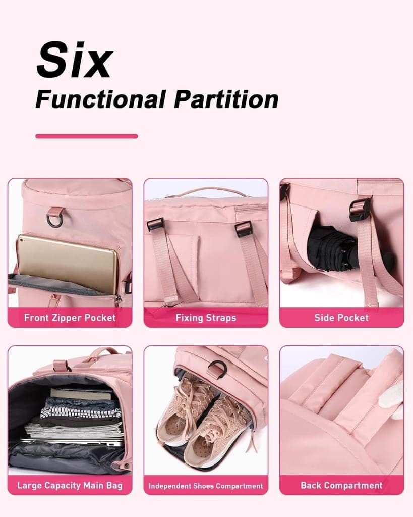Gym Bag Womens Travel Duffel Bag Sports Carry On Holdall Bag with Shoes Compartment and Wet Pocket for Yoga Swimming Travel Duffle Bag For Weekend Pink Large view 4