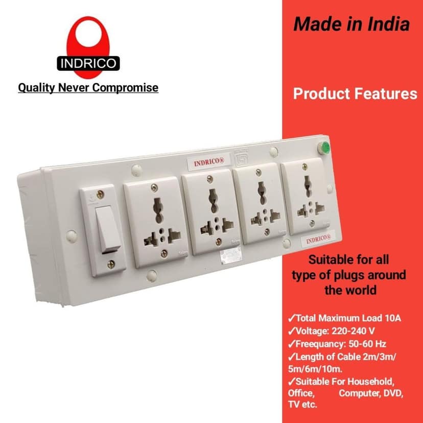 INDRICO? 5050 E-Book 4 + 1 Power Strip Extension Boards with Switch Polycarbonate, Indicator, & 4 International sockets White (Pack of 1) view 2