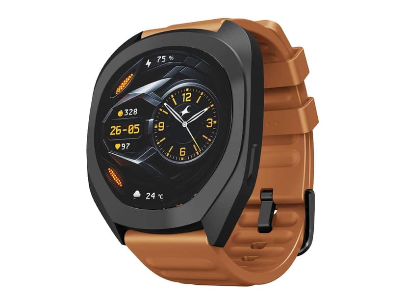 Fastrack Cosmix 1.32" AMOLED Display Metal Case Smart Watch with Heart Rate Monitor, AI Watchface & Chat - Black with Orange Strap