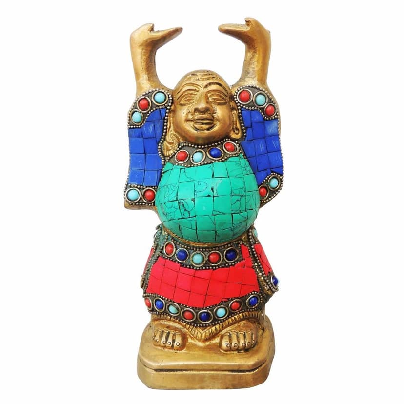 Brass Laughing Buddha with Turquoise Coral Finish - Feng Shui Idol, Height : 8 Inch (BSMAS325 F) view 2