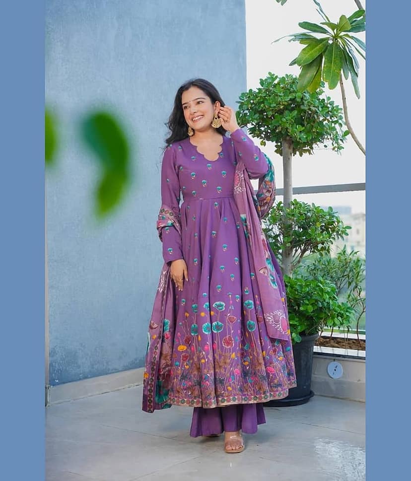 Varni Fabrics Women Art Silk Printed Anarkali Kurti With Pants ( Purple ) view 2