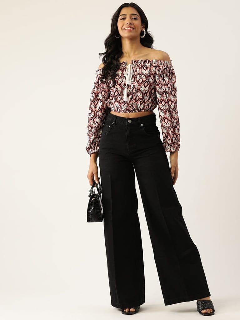 White & Black Printed Off-Shoulder Blouson Crop Top view 4