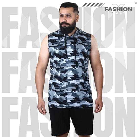 Men's Grey Camouflage Sleeveless Hoodie with Drawstring view 5