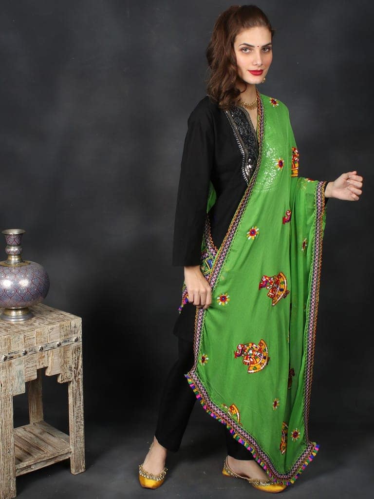 Green Phulkari Dupatta With Sequin Embroidered Dandiya Motif And Saori Lace On The Borders From Rajasthan view 3