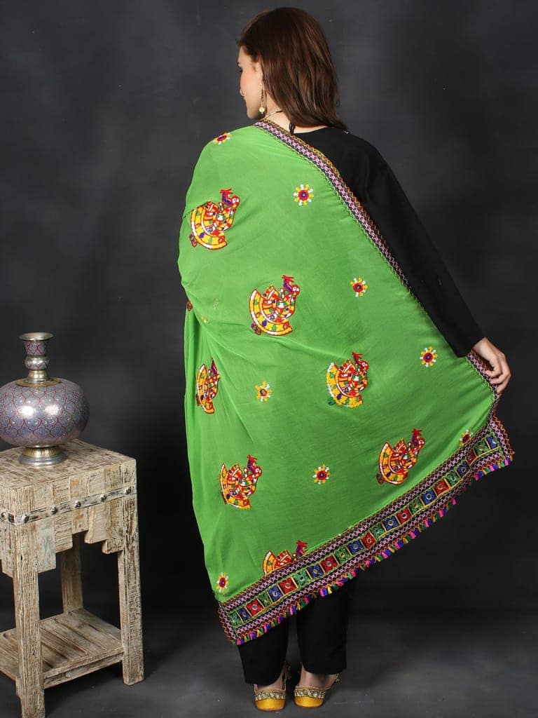 Green Phulkari Dupatta With Sequin Embroidered Dandiya Motif And Saori Lace On The Borders From Rajasthan view 4