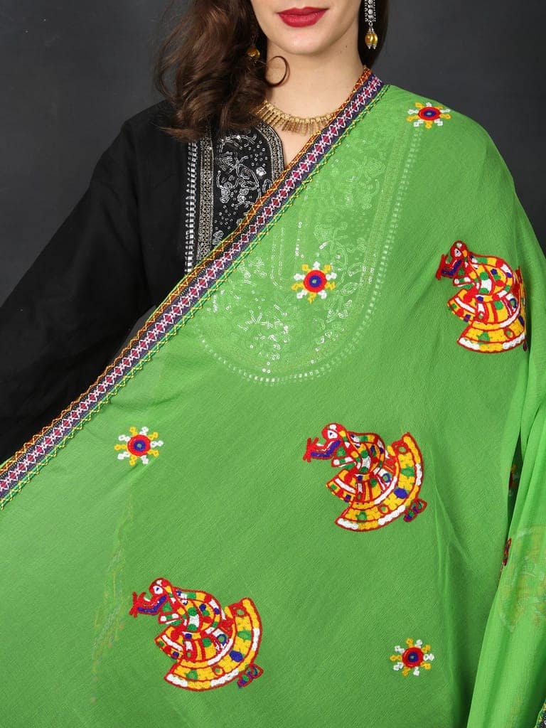 Green Phulkari Dupatta With Sequin Embroidered Dandiya Motif And Saori Lace On The Borders From Rajasthan view 5
