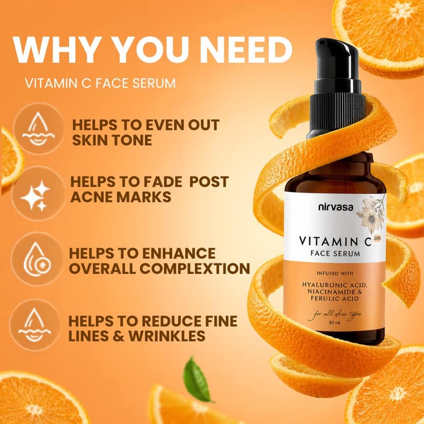 Nirvasa 20% Vitamin C Face Serum with Hyaluronic Acid and Niacinamide for Brightening and Reducing Dark Spots and Pigmentation - 30ml, Pack of 1 view 2