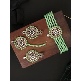 Mint Green Crystal Kundan Full Length 4pc Bridal Choker Jewellery Set