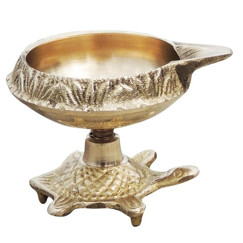 Brass Table Decor Oil Lamp Deepak On Tortoise - Traditional Oil Lamp for Mandir Lighting, Height : 1.5 Inch (ZMAS141 B) view 2
