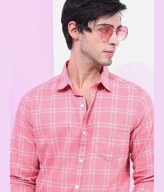 Highlander Cotton Blend Slim Fit Checks Full Sleeves Men's Casual Shirt - Peach ( Pack of 1 )