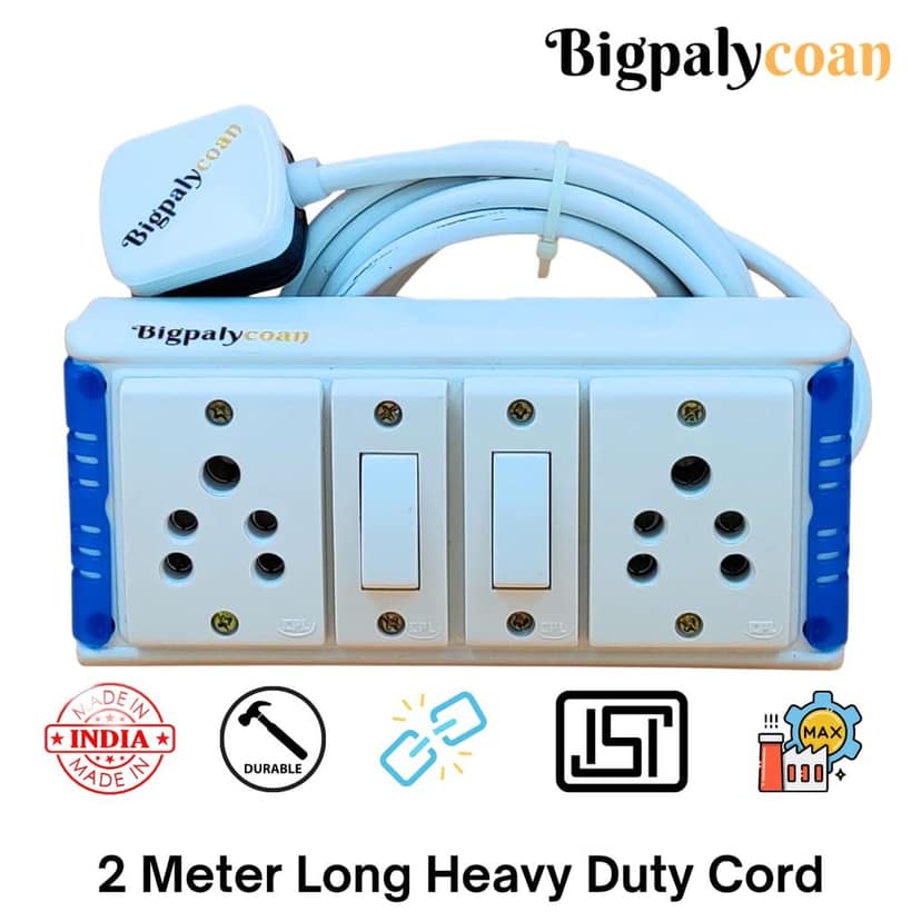 Bigpalycoan 2 Way Extension Multi Outlet Electrical Switch Board with Individual Switch Heavy Duty 2 metre Cord (Max. Rating 1200W- 230V) PVC Blue/Green-White view 2