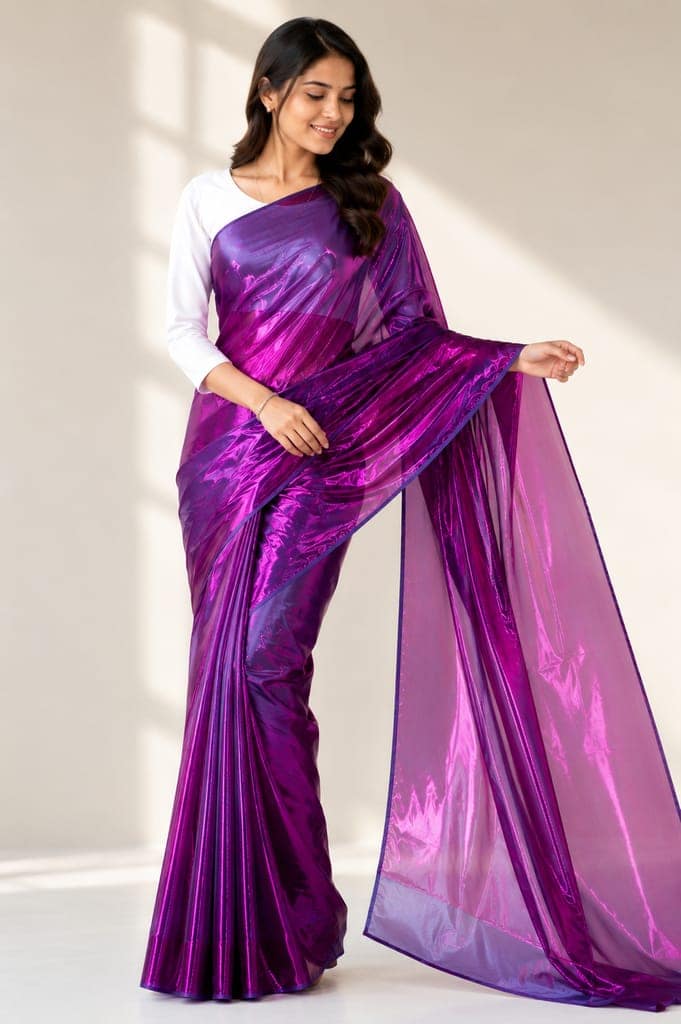 Women's Purple Metallic Foil Saree with Matching Blouse Piece | Premium Glossy Party Wear Saree | Stylish Designer Ethnic Saree view 3