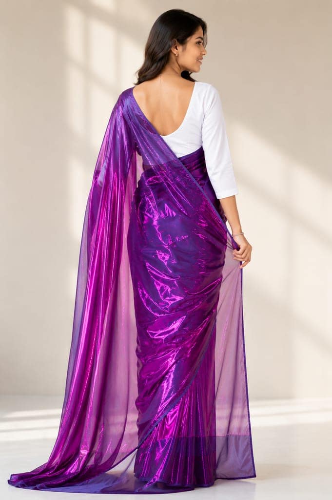 Women's Purple Metallic Foil Saree with Matching Blouse Piece | Premium Glossy Party Wear Saree | Stylish Designer Ethnic Saree view 4