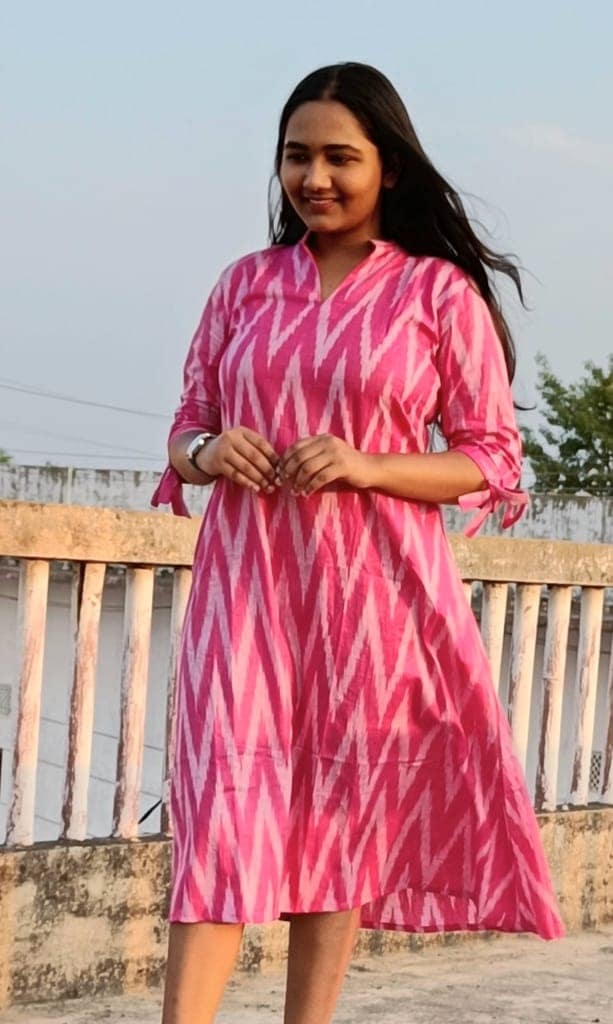 Pure Cotton Ikkat Dress Cerise Pink Colour (Size XXS(32) to Plus Size(56))-8319 view 2