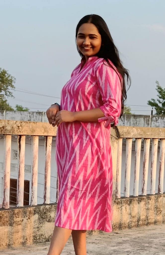 Pure Cotton Ikkat Dress Cerise Pink Colour (Size XXS(32) to Plus Size(56))-8319 view 4