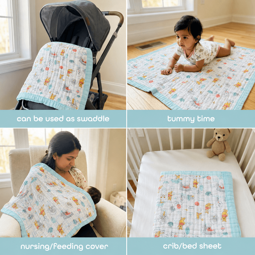 6-Layer Muslin Cotton Baby AC Blanket — Ultra-Soft, Breathable & Lightweight Blanket for Newborn to 6 Years, Stroller Cover & Crib Sheet (White and Light Aqua Blue) view 3