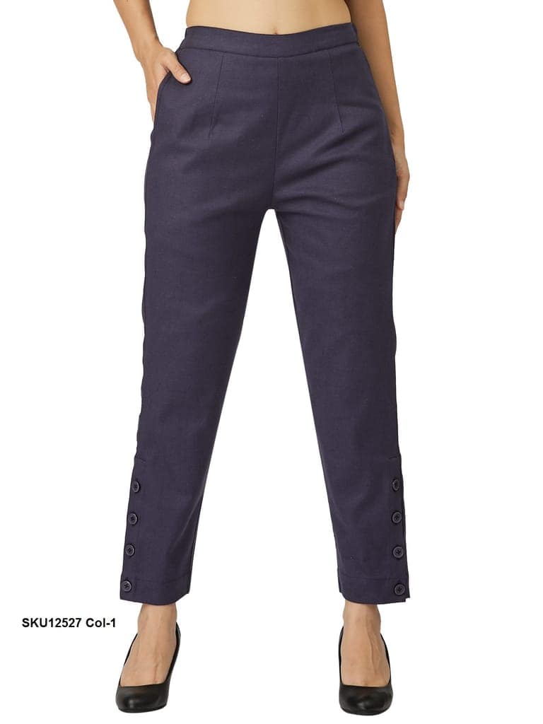 Stylish Blue Cotton Trousers for Women with Button Detail view 6