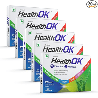 Health OK Multivitamin with Natural Ginseng Taurine power Daily Energy alertness Vitamin D C & other 17 multivitamins minerals for Overall Health 10 Tablets x Pack of 5