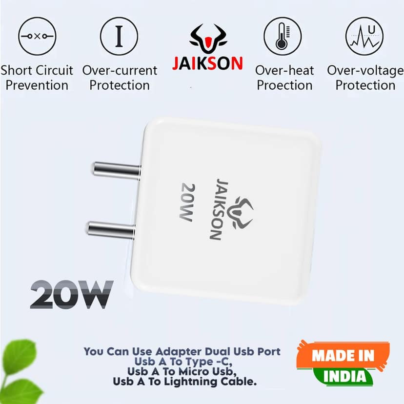 Jaikson™ 20w Turbo Mobile Charger Adapter with Type-C Charging Cable for Dash, WARP, Dart, Flash VOOC| Compatible with One Plus, Oppo,Realme,Xiaomi,Redmi,Vivo, Poco,Motorola, Samsung,Infinix Phones view 4