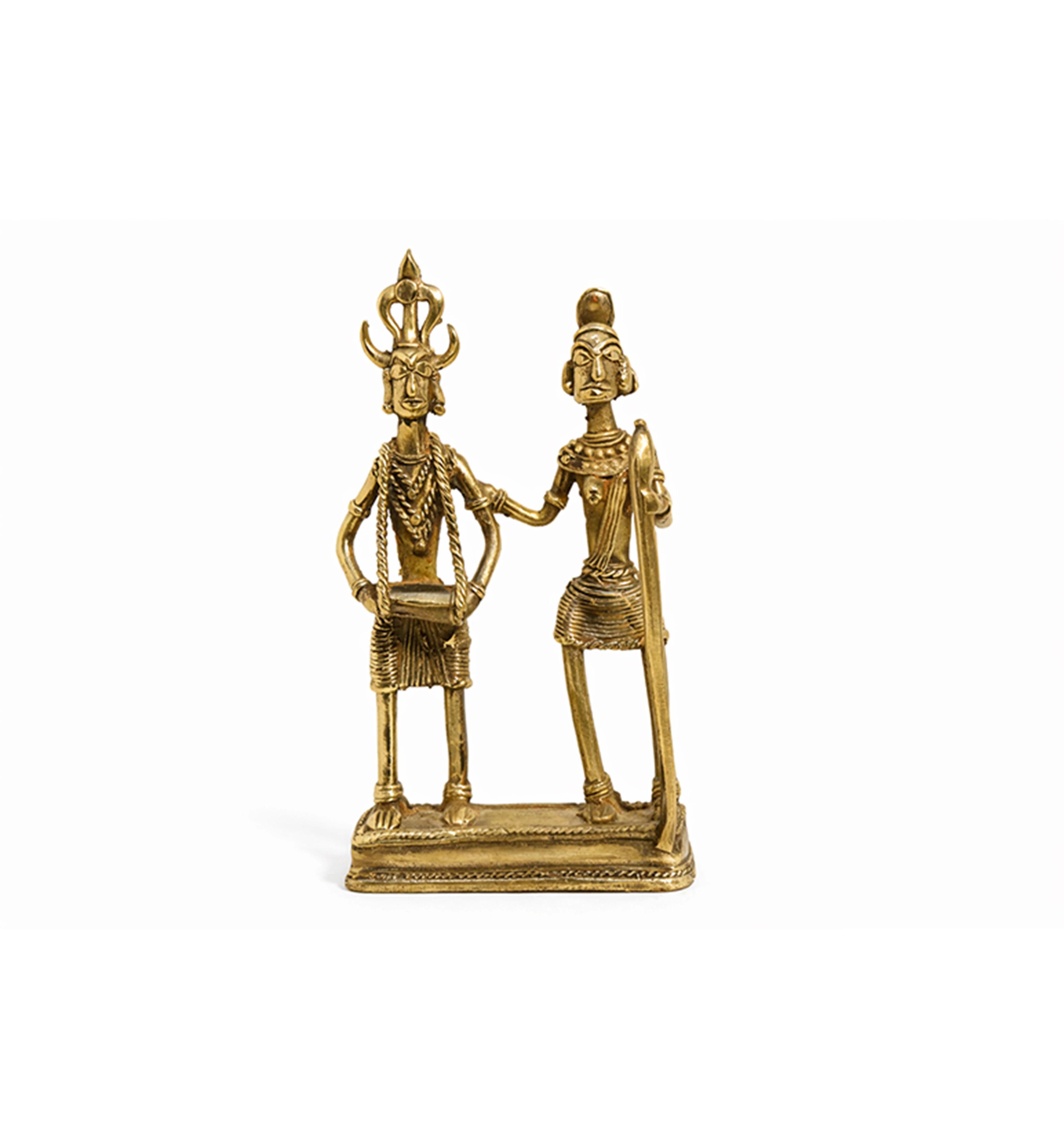 Handcrafted Brass Tribal Folk Dance Couple Showpiece – Traditional Bhareva Bell Metal Art view 2