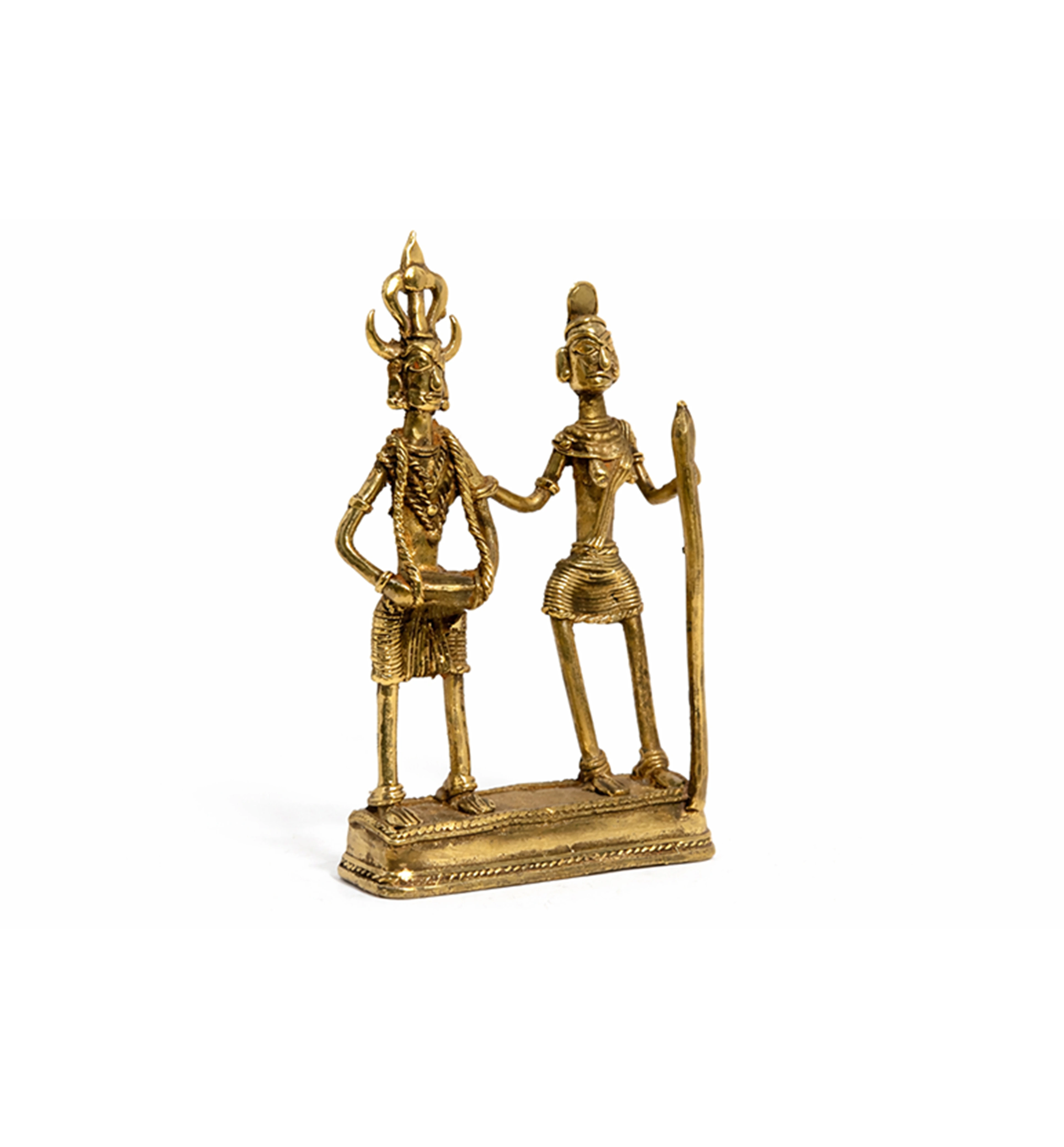 Handcrafted Brass Tribal Folk Dance Couple Showpiece – Traditional Bhareva Bell Metal Art view 3