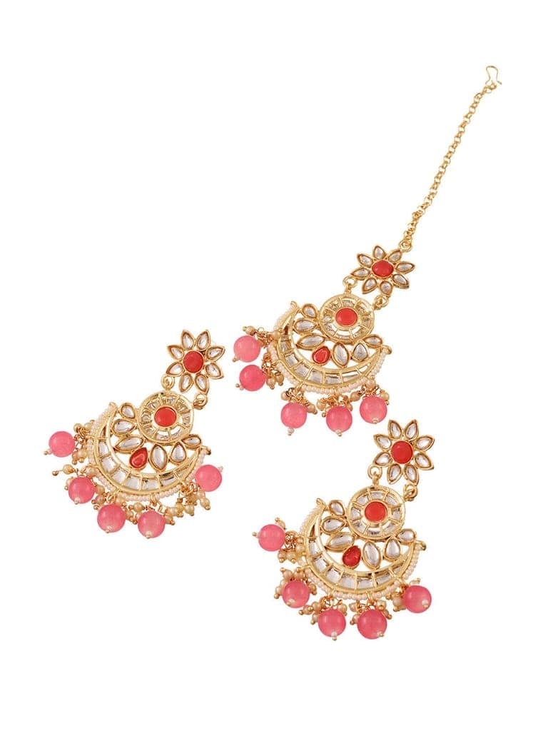 Gold Plated Kundan studded Pink & White Pearl beadded Maangtika Earring Jewellery Set view 2