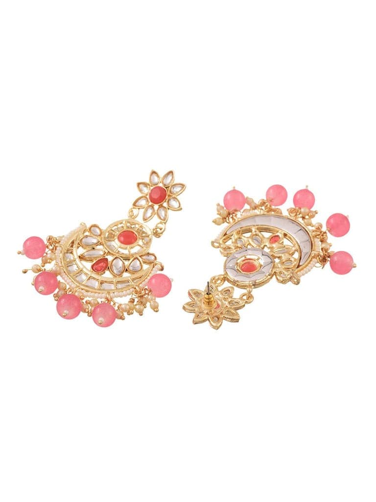 Gold Plated Kundan studded Pink & White Pearl beadded Maangtika Earring Jewellery Set view 3