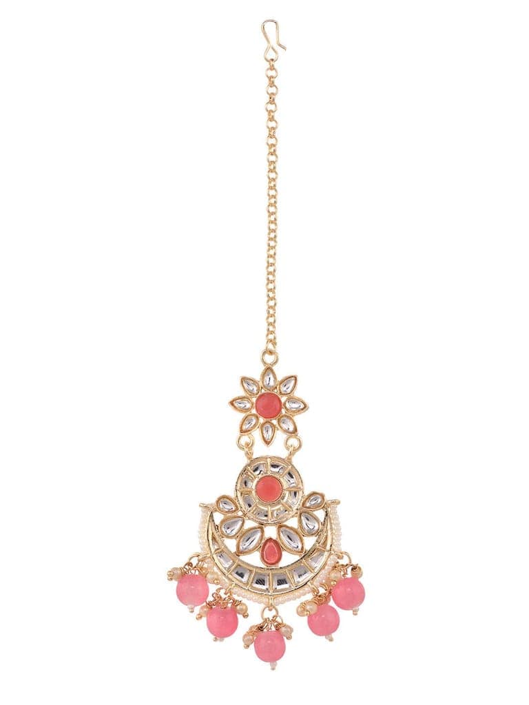 Gold Plated Kundan studded Pink & White Pearl beadded Maangtika Earring Jewellery Set view 6